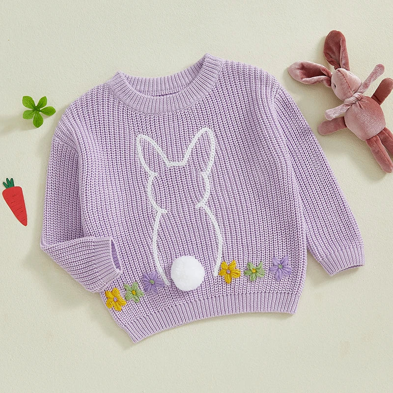 Baby Toddler Girls Sweater Easter Clothes Bunny Rabbit Flower Embroidery Crew Neck Long Sleeve Spring Pullover Top