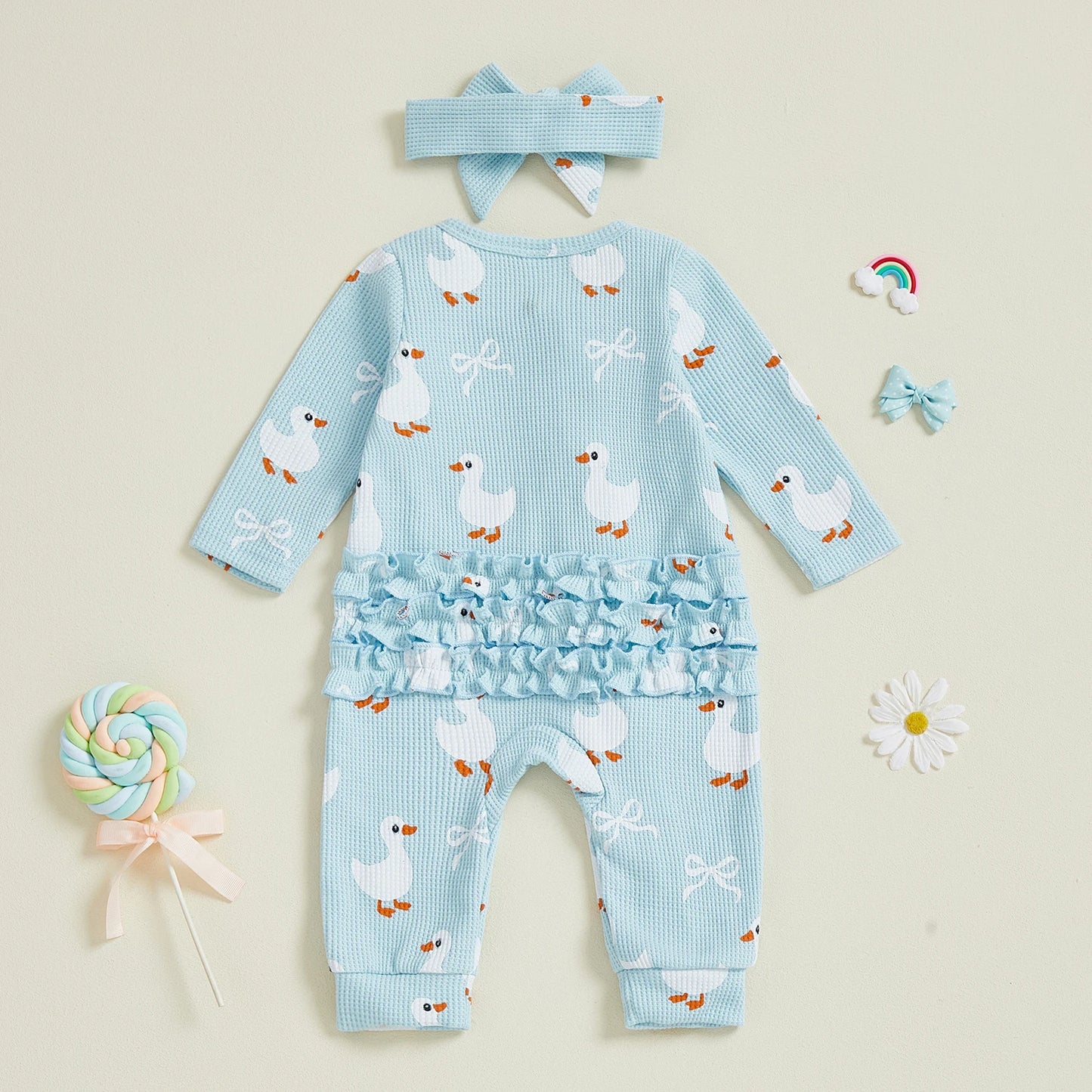 Baby Girls 2Pcs Fall Waffled Zipper Romper Bow Goose Animal Print Long Sleeve Round Neck Zip Up Jumpsuit with Headband Set