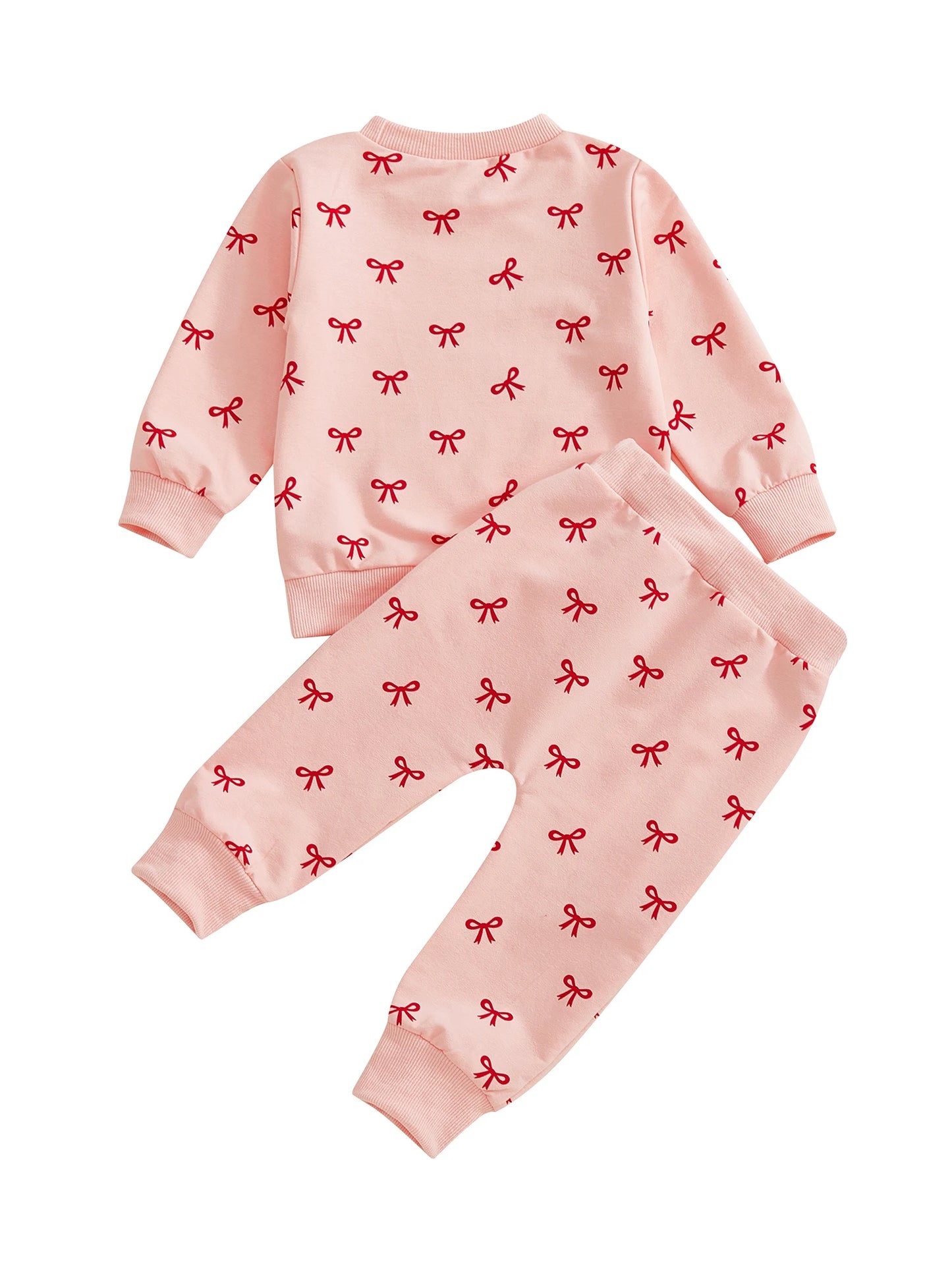 Baby Toddler Girl 2Pcs Fall Outfits Bow Print Long Sleeve Round Neck Pullover + Elastic Waist Long Pants 2Pcs Jogger Set