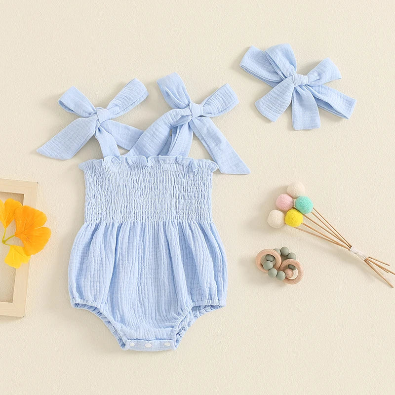 Baby Girl 2Pcs Summer Outfit Cute Sleeveless Tie Shoulder Strap Tank Romper with Headband Set