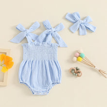 Load image into Gallery viewer, Baby Girl 2Pcs Summer Outfit Cute Sleeveless Tie Shoulder Strap Tank Romper with Headband Set
