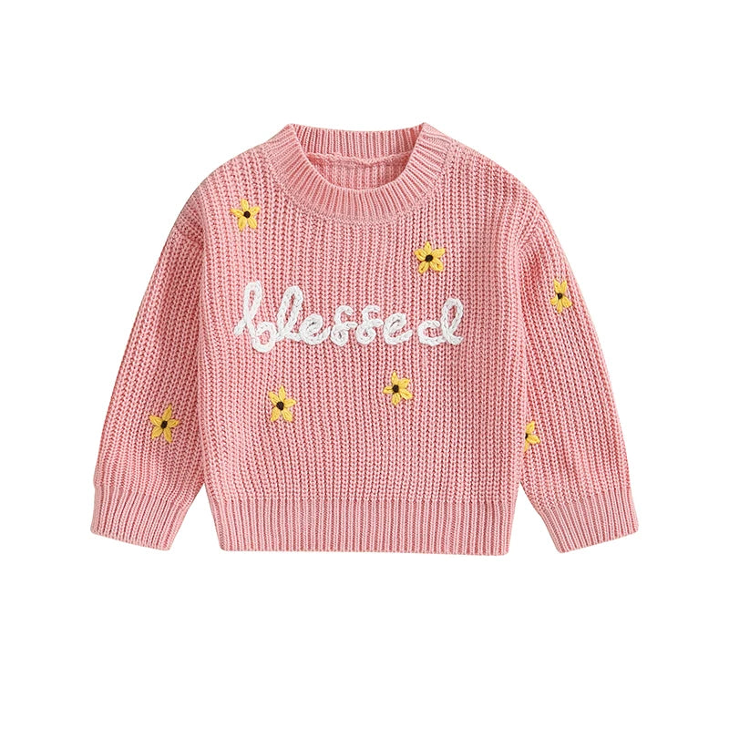 Baby Toddler Girls Blessed Crewneck Knitwear Sweater Flowers Embroidery Long Sleeve Top