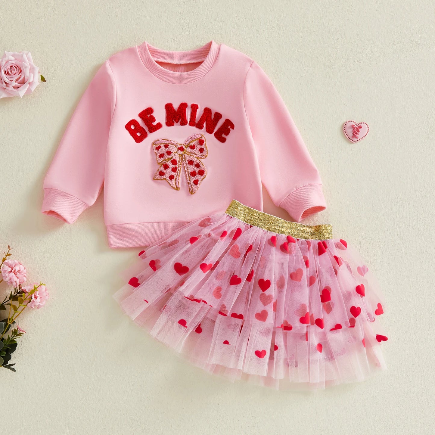 Baby Toddler Girls 2Pcs Be Mine Valentine's Day Outfit Letter Bow Embroidered Long Sleeve Top and Heart Print Mesh Tutu Skirt Set