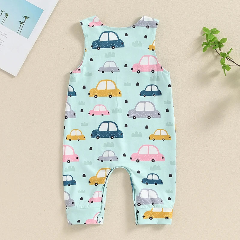 Baby Boy Summer Tank Romper Cartoon Tractor Car Print Sleeveless Round Neck Full Length Bodysuit