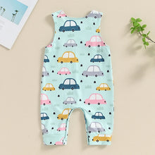 Load image into Gallery viewer, Baby Boy Summer Tank Romper Cartoon Tractor Car Print Sleeveless Round Neck Full Length Bodysuit
