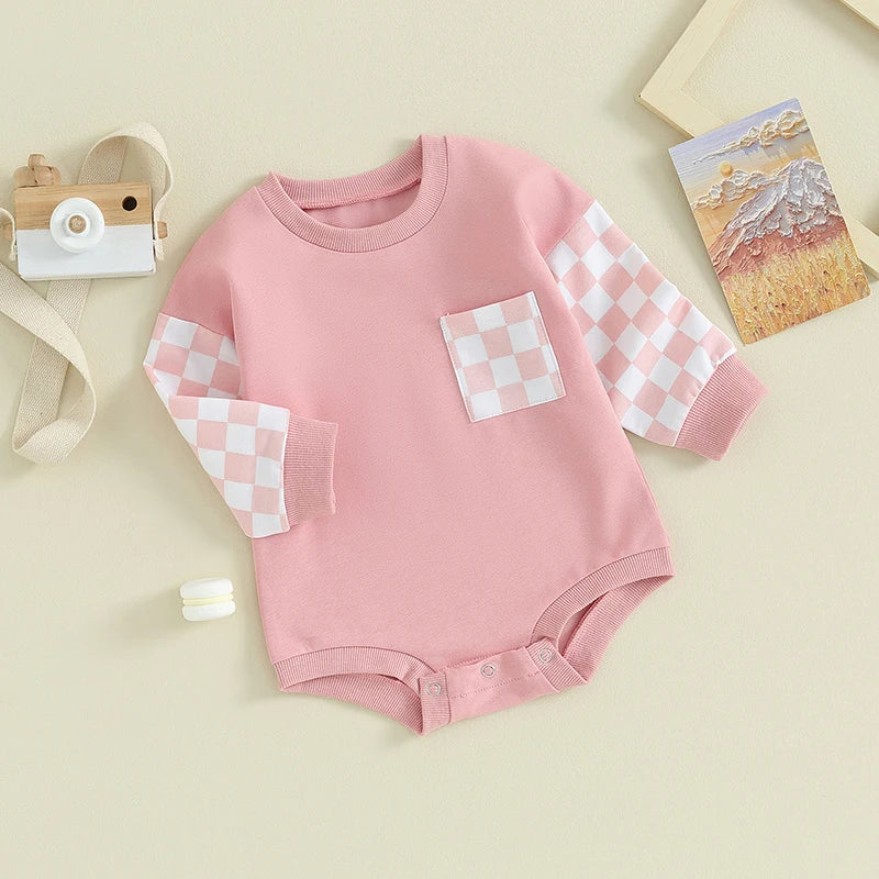 Baby Toddler Boy Girl Crewneck Plaid Checker Contrast Color Bubble Rompers Long Sleeve Jumpsuit