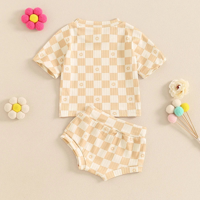 Baby Toddler Girls 2Pcs Summer Set Short Sleeve Checkerboard Flower Print Top Shorts Bloomers Outfit