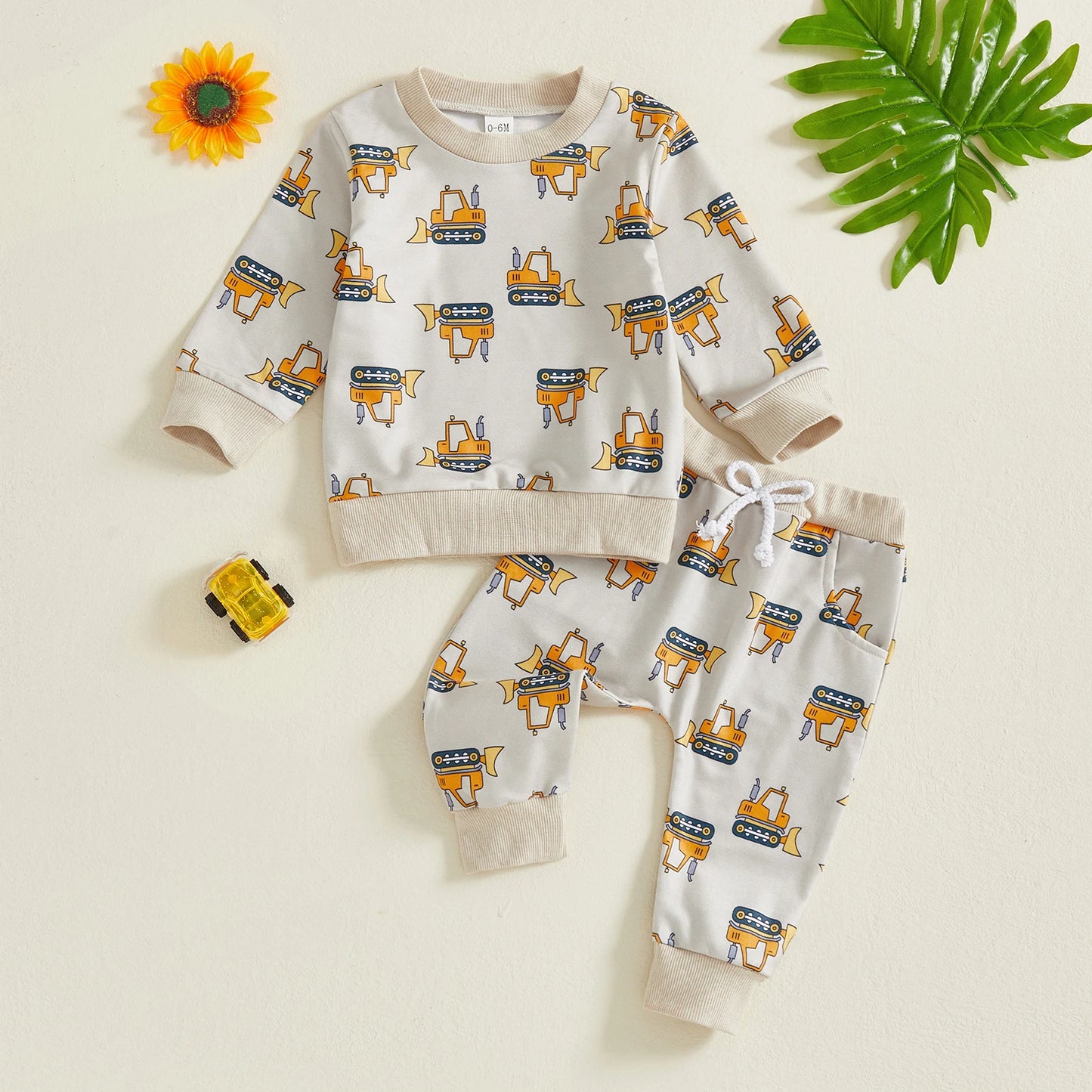 Baby Toddler Boys 2Pcs Autumn Sets Long Sleeve O Neck Excavator Print Top Drawstring Pants Jogger Set