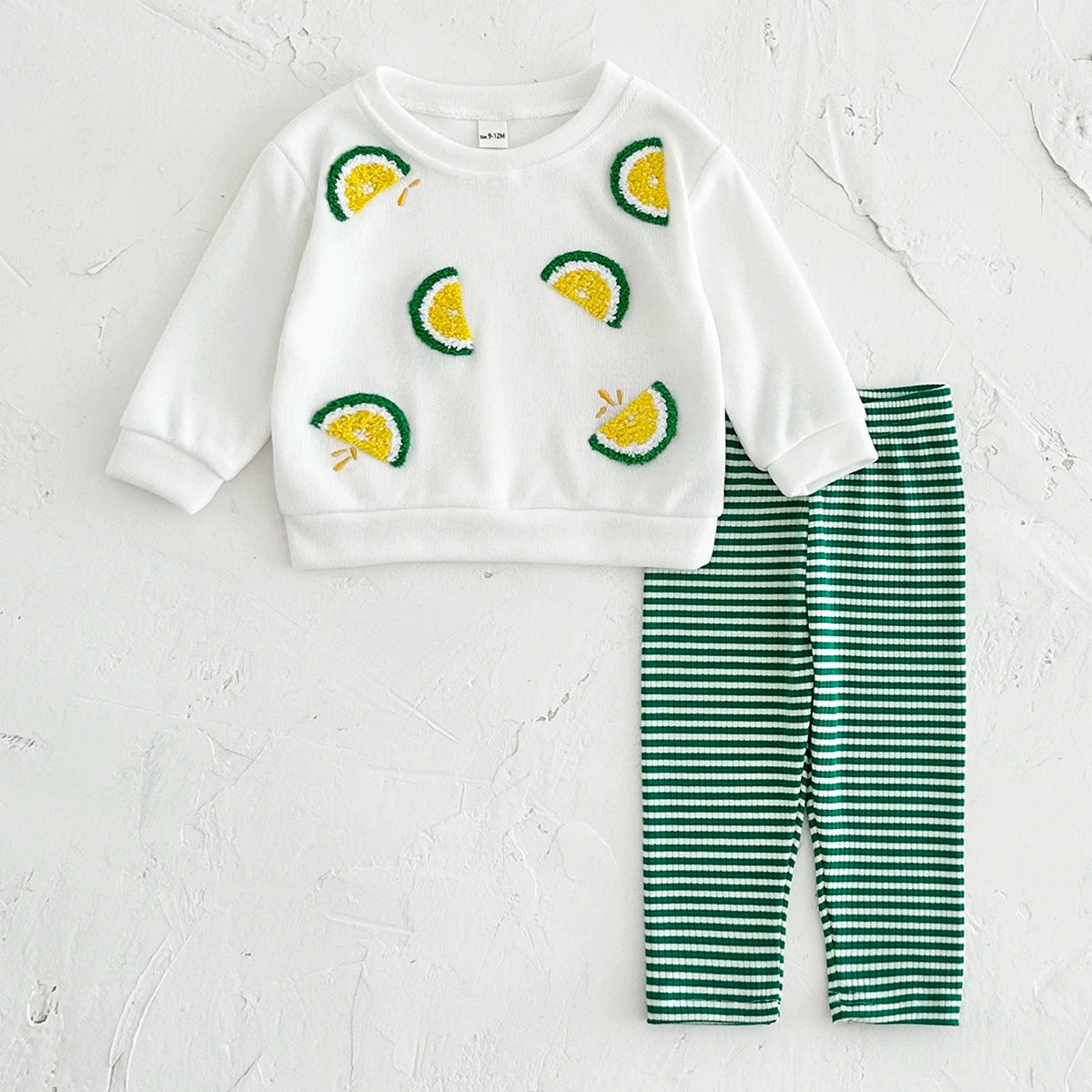 Baby Toddler Boys Girls 2Pcs Lemon Fruit Embroidery Crewneck Long Sleeve Top + Striped Pants Set Outfit