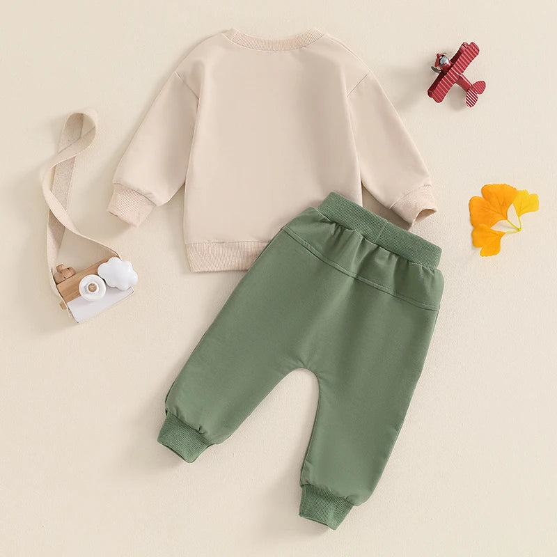 Baby Toddler Boys 2Pcs A Little Dirt Never Hurt Fall Outfit Long Sleeve Tractor Letter Print Top + Pants Set