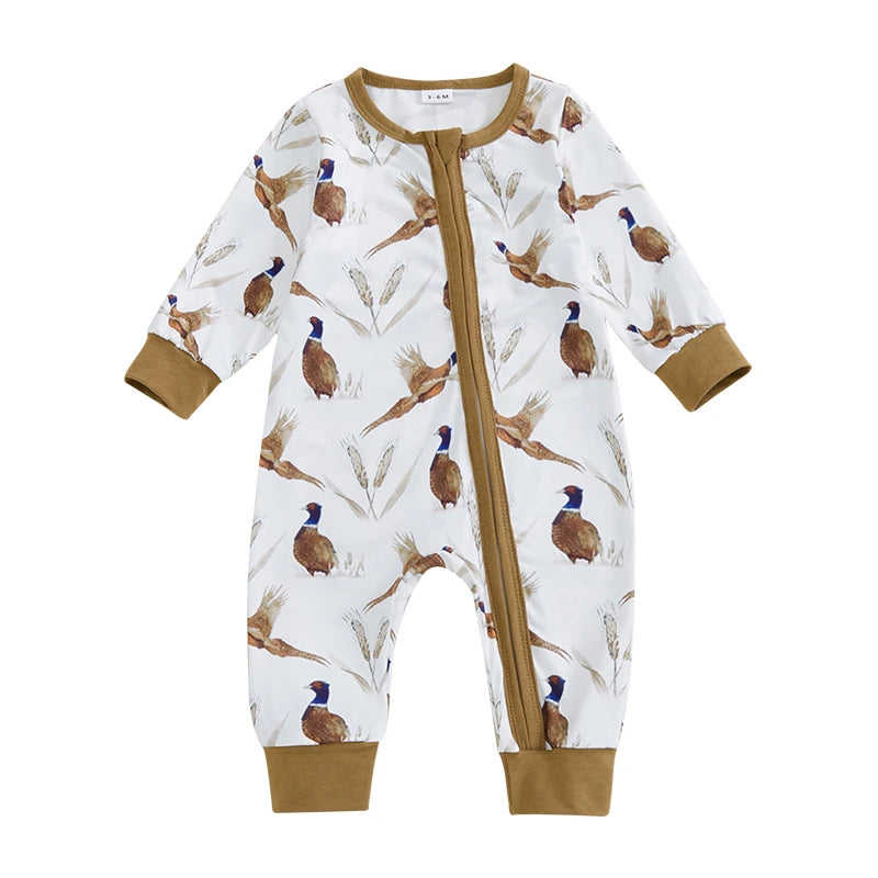 Baby Boys Girls Romper Soft Bird Wheat Ear Pattern Zipper Long Sleeve Crew Neck Jumpsuit