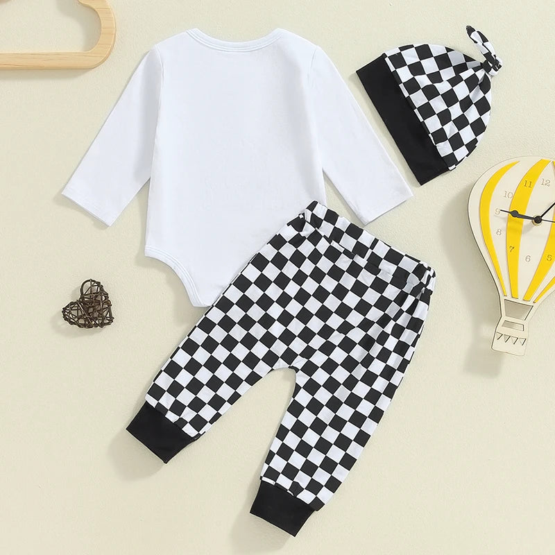 Baby Boy 3Pcs Fall Outfit New To The Crew / Hi I'm New Here / Ladies I Have Arrived Letter Print Long Sleeve Romper and Elastic Checker Pants Beanie Hat Set