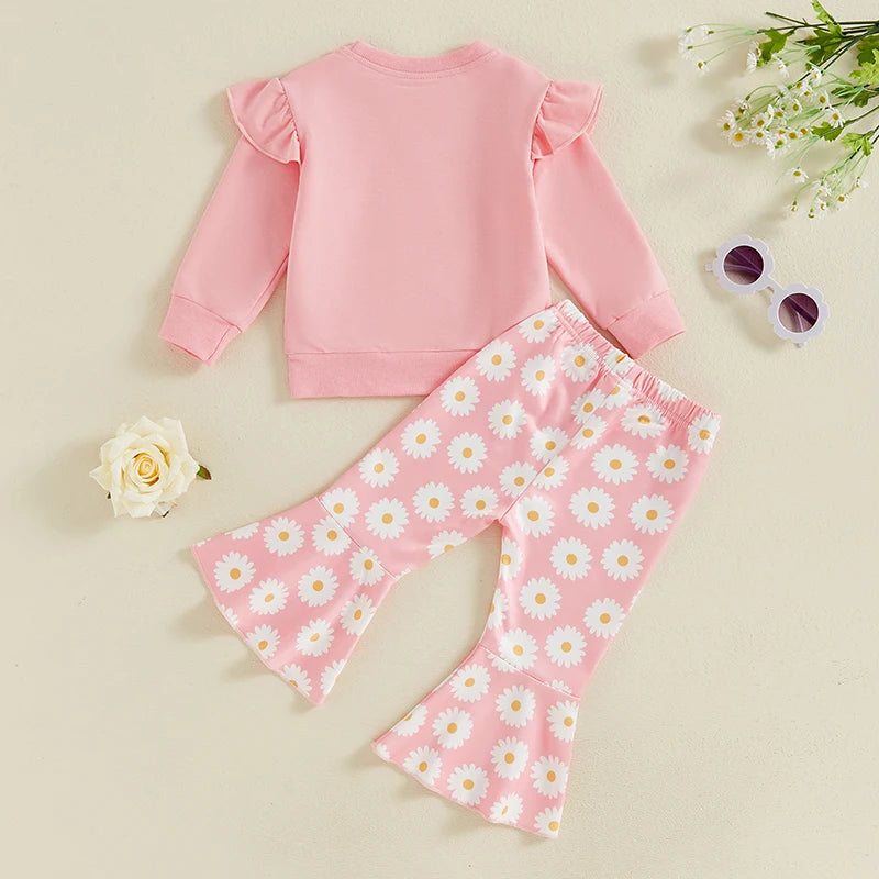 Toddler Kids Girls 2Pcs Fall Outfit Flying Sleeve Solid Color Pullover Top with Flower Floral Flared Pants Set