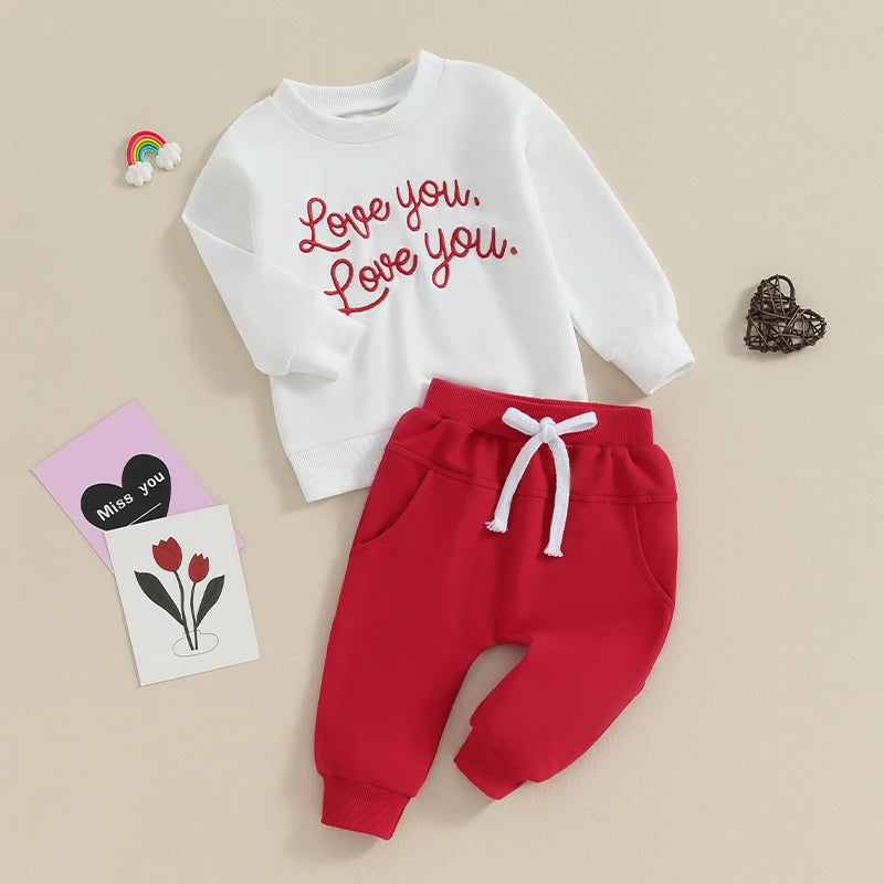 Baby Toddler Boy Girl 2Pcs Valentine's Day Clothes Love You Letter Embroidery Long Sleeve Top with Solid Color Pants Outfit Set