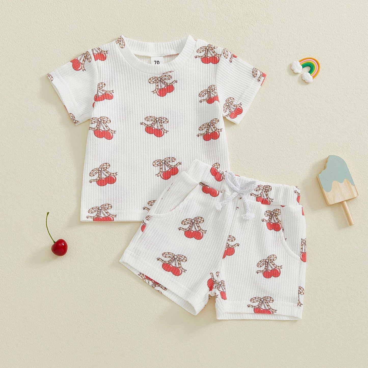 Baby Toddler Girls 2Pcs Outfits Fashionable Bow Cherry Print Short Sleeve Round Neck Top and Shorts Set