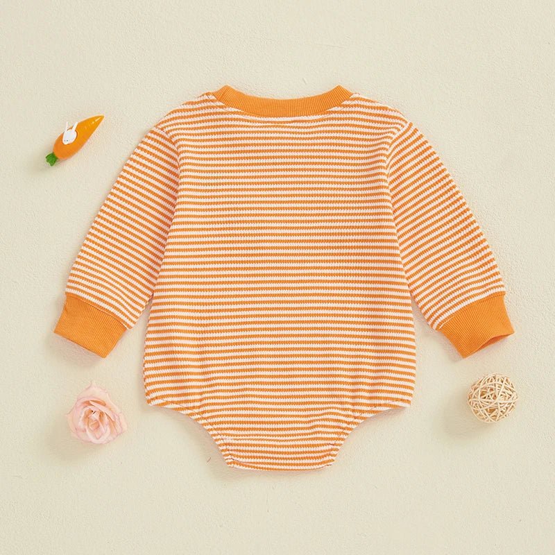 Baby Girls Boys Easter Romper Stripe Bunny Rabbit / Carrot Embroidery Long Sleeve Jumpsuit Bodysuit