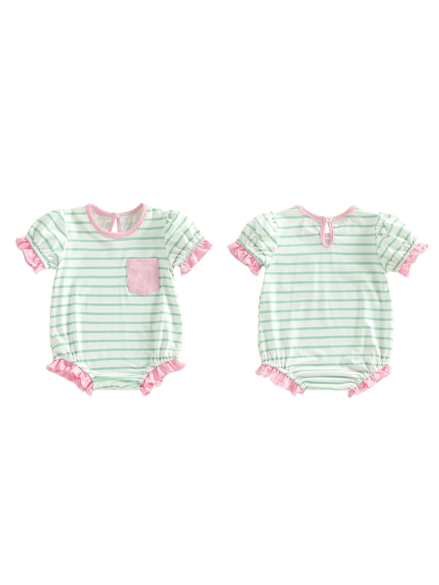Baby Girl Striped Romper Ruffle Trim Short Sleeve Crewneck Jumpsuit Casual Summer Spring Clothes