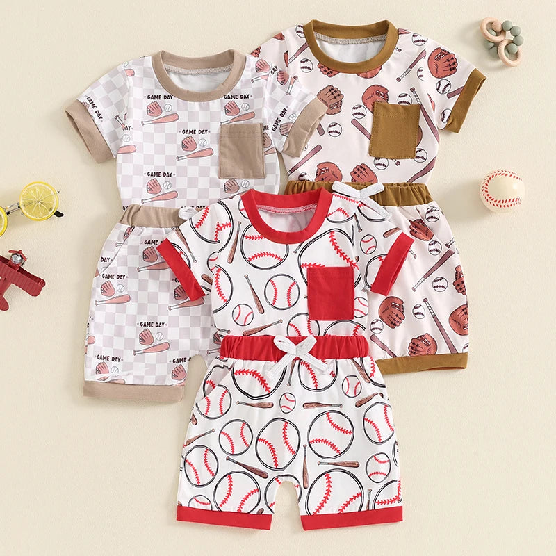 Baby Toddler Boys 2Pcs Baseball Print Short Sleeve Top with Elastic Waist Shorts Summer Outfit Set