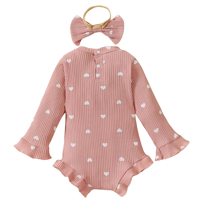 Baby Girl 2Pcs Fall Romper Ribbed Heart Print Long Sleeve Crew Neck Ruffled Jumpsuit with Bow Headband Set