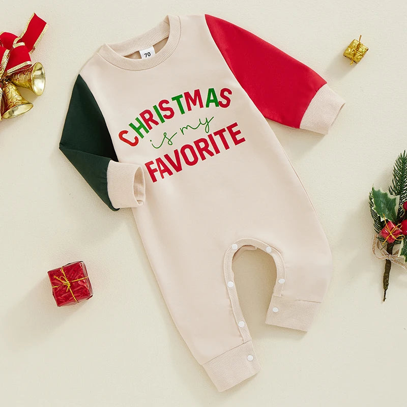 Baby Girls Boys Christmas Is My Favorite Jumpsuit Long Sleeve Crew Neck Letters Print Contrast Color Christmas Romper