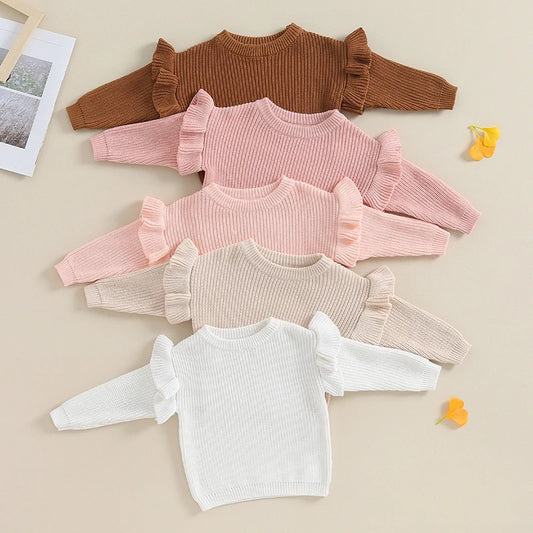 Baby Toddler Girls Sweater Solid Color Ruffle Long Sleeve Knit Spring Autumn Clothes Knitwear Pullover Top