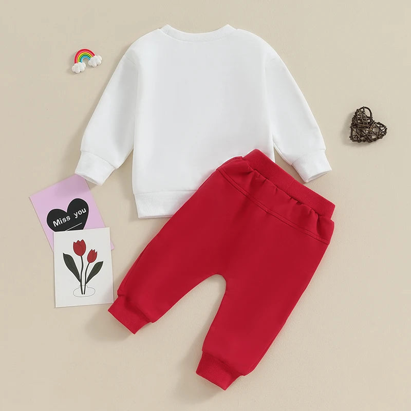 Baby Toddler Boy Girl 2Pcs Valentine's Day Clothes Love You Letter Embroidery Long Sleeve Top with Solid Color Pants Outfit Set