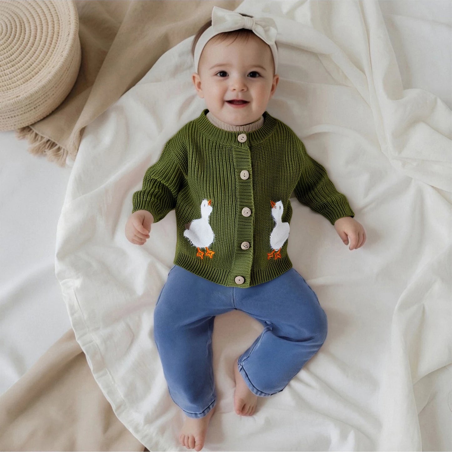 Baby Toddler Boys Girls Fall Knit Cardigan Long Sleeve Button Down Goose Embroidery Warm Winter Sweater Clothes