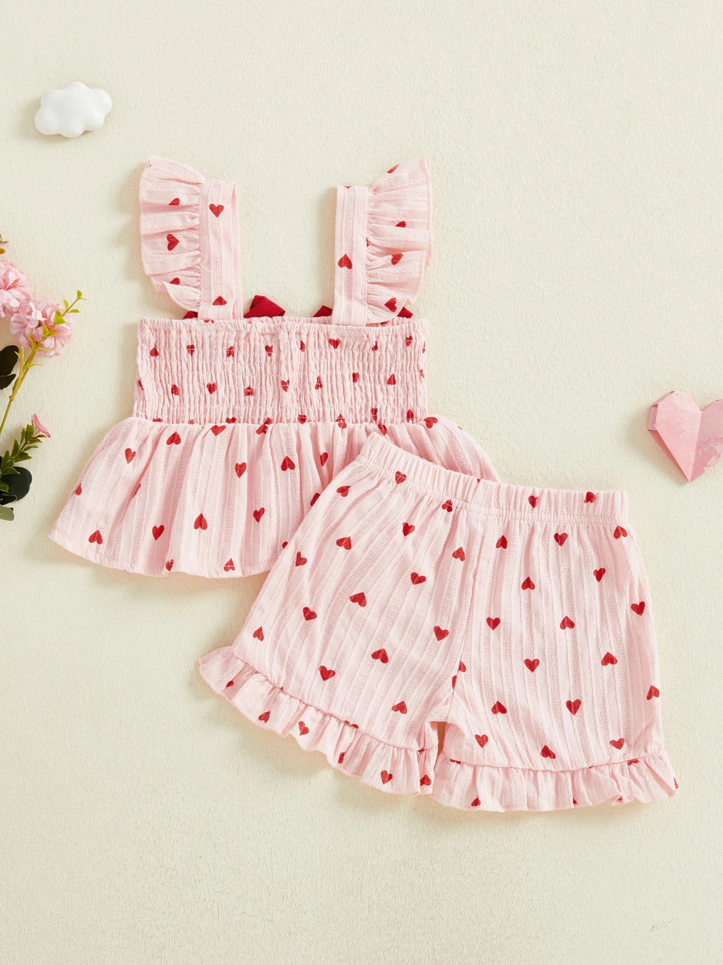 Baby Toddler Girls 2Pcs Valentine's Day Heart Print Ruffle Sleeve Tank Top and Shorts Set for a Sweet Holiday Look