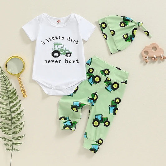 Baby Boys 3Pcs A Little Dirt Never Hurt Outfit Farm Short Sleeve Tractor Print Romper + Pants + Hat Set Clothes