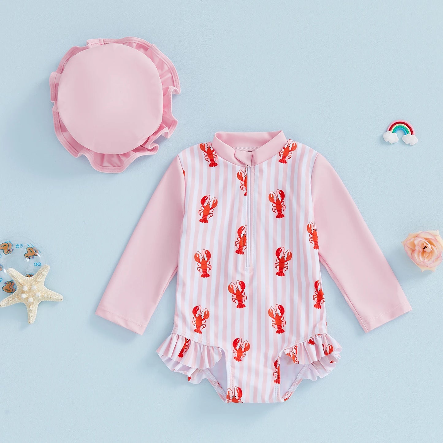 Baby Toddler Girls 2Pcs Rash Guard Swimsuit Long Sleeve Lobster Crab Print Ruffled Swimwear for Beach Set