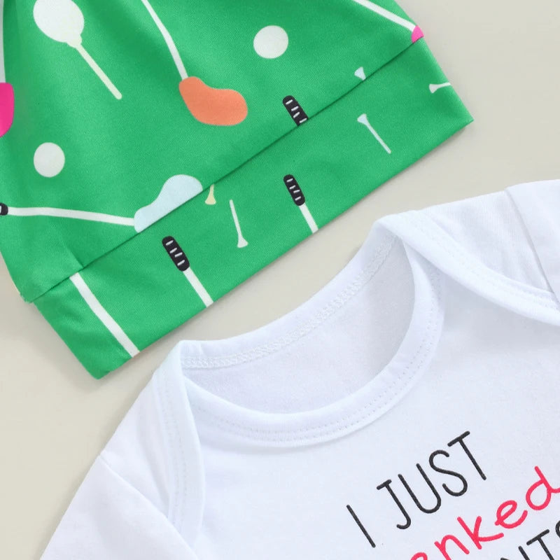 Baby Boys 3Pcs I Just Shanked My Pants Summer Outfit Letter Golf Print Crew Neck Short Sleeve Romper Long Pants Hat Clothes Set