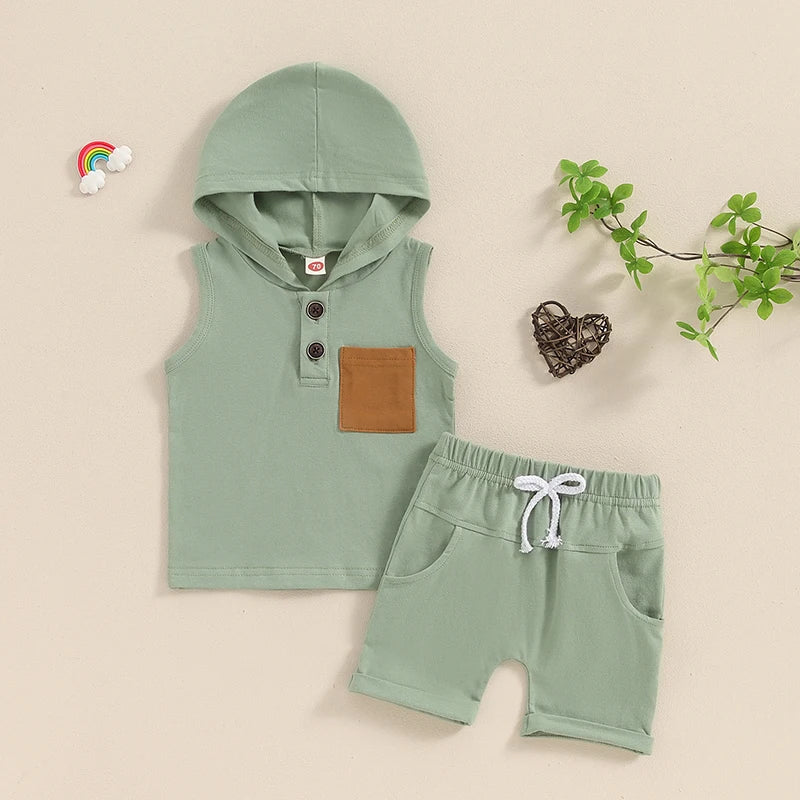 Baby Toddler Boys 2Pcs Summer Outfit Sleeveless Hooded Tank Top with Pocket Elastic Waist Shorts Set