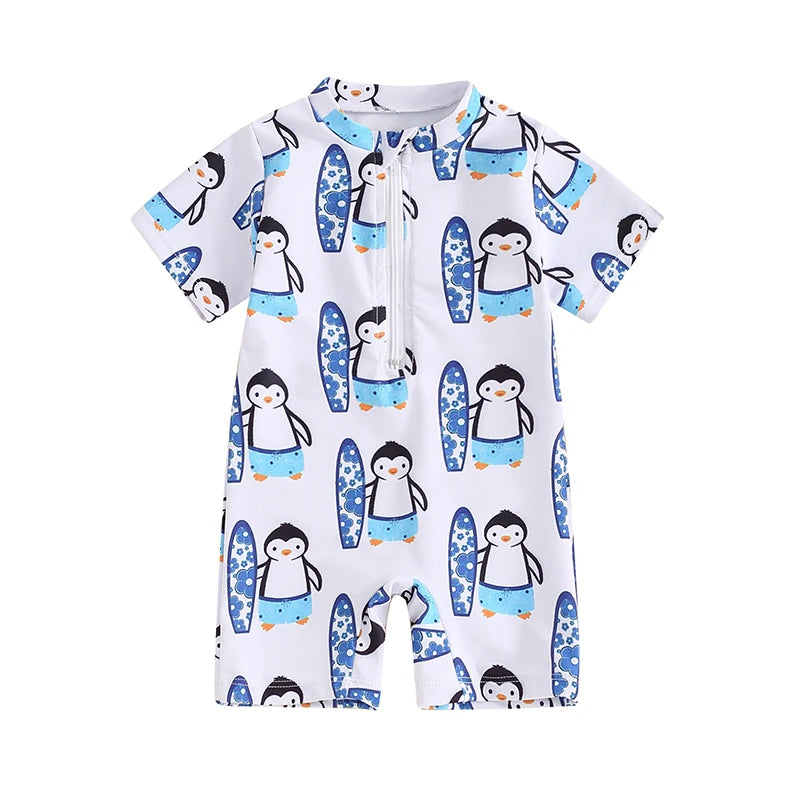 Baby Toddler Boy's Swimwear Short Sleeve Dinosaur Penguin Print Half Zip Up Rash Guard Bathing Suit