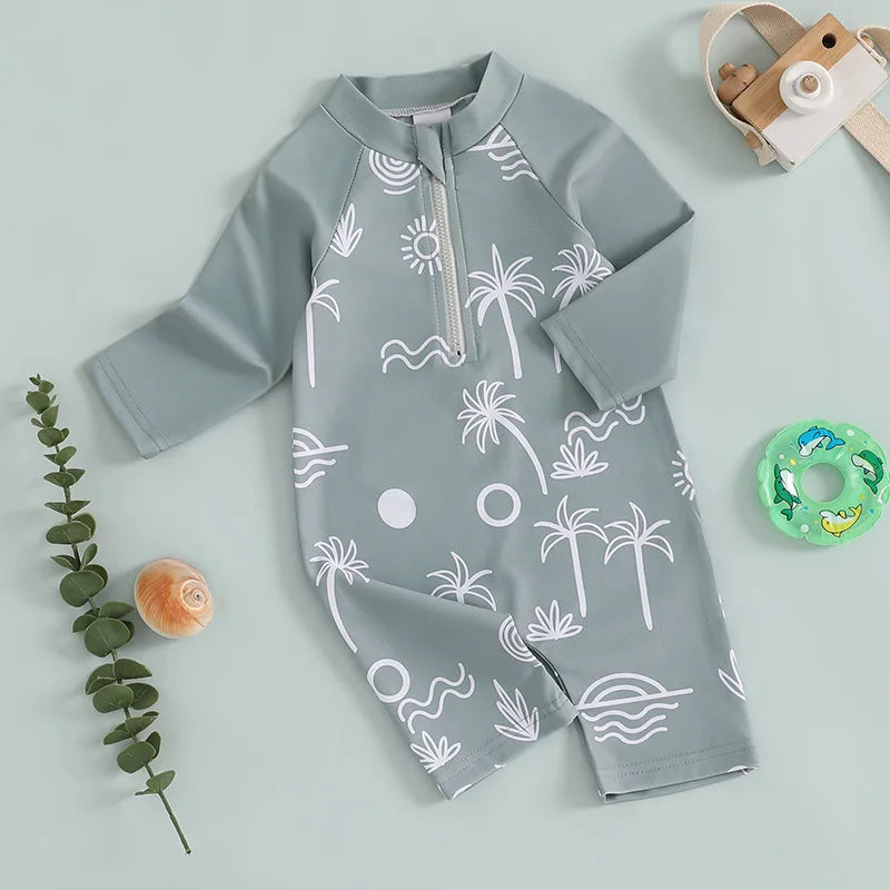 Baby Toddler Boys Girls Rash Guard Swimwear Animal/Floral/Tree Print Long Sleeve Mock Neck Zip Bathing Suit