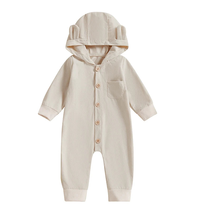 Baby Boys Girls Button-up Jumpsuit Cute Bear Ears Hooded Long Sleeve Chest Pocket Fall Romper Unisex