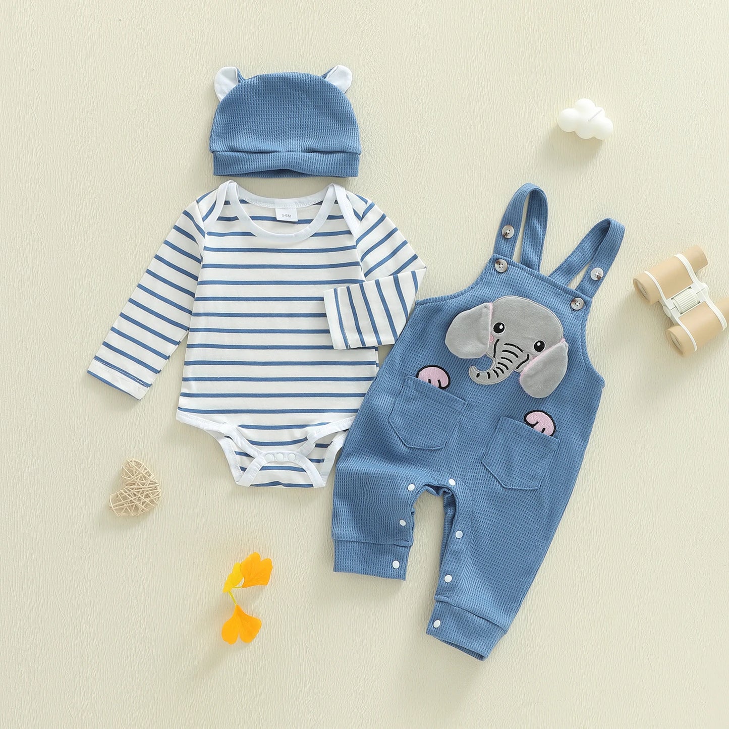 Baby Boys 3Pcs Outfit Set Long Sleeve Crew Neck Striped Romper Elephant Embroidery Suspender Pants Hat