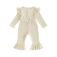 Load image into Gallery viewer, Baby Toddler Girl Fall Ribbed Romper Solid Color Long Sleeve Round Neck Button Front Flare Pants Jumpsuit
