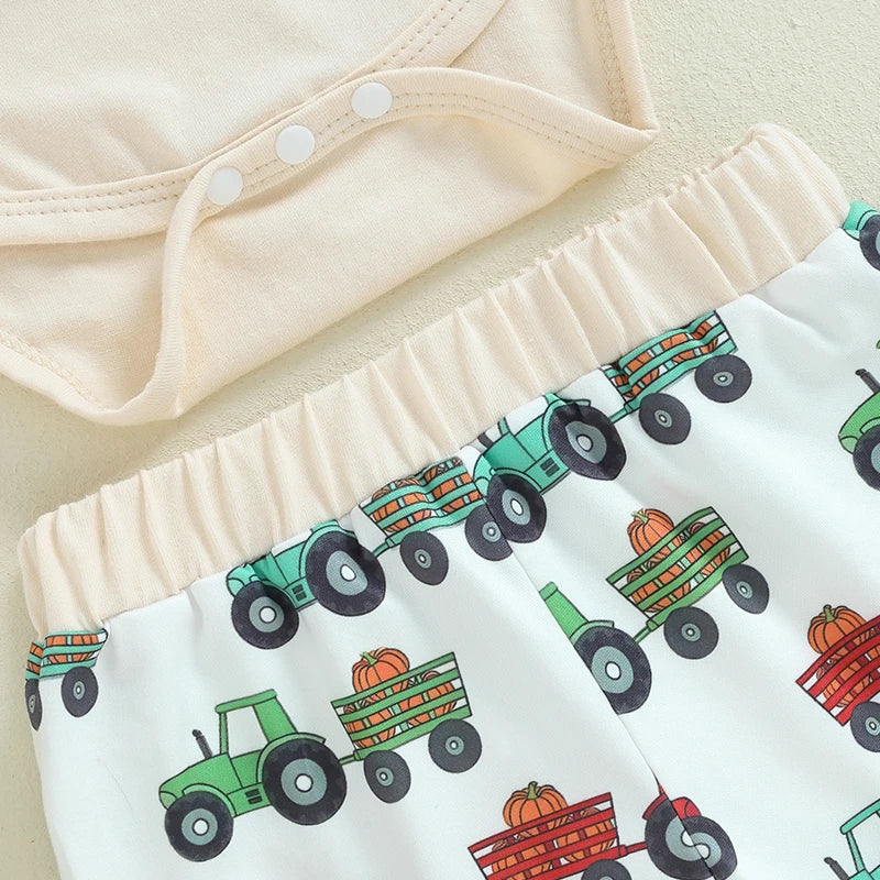 Baby Boys 3Pcs A Little Dirt Never Hurt Outfit Pumpkin Long Sleeve Romper Tractor Pattern Pants Hat Clothes Set