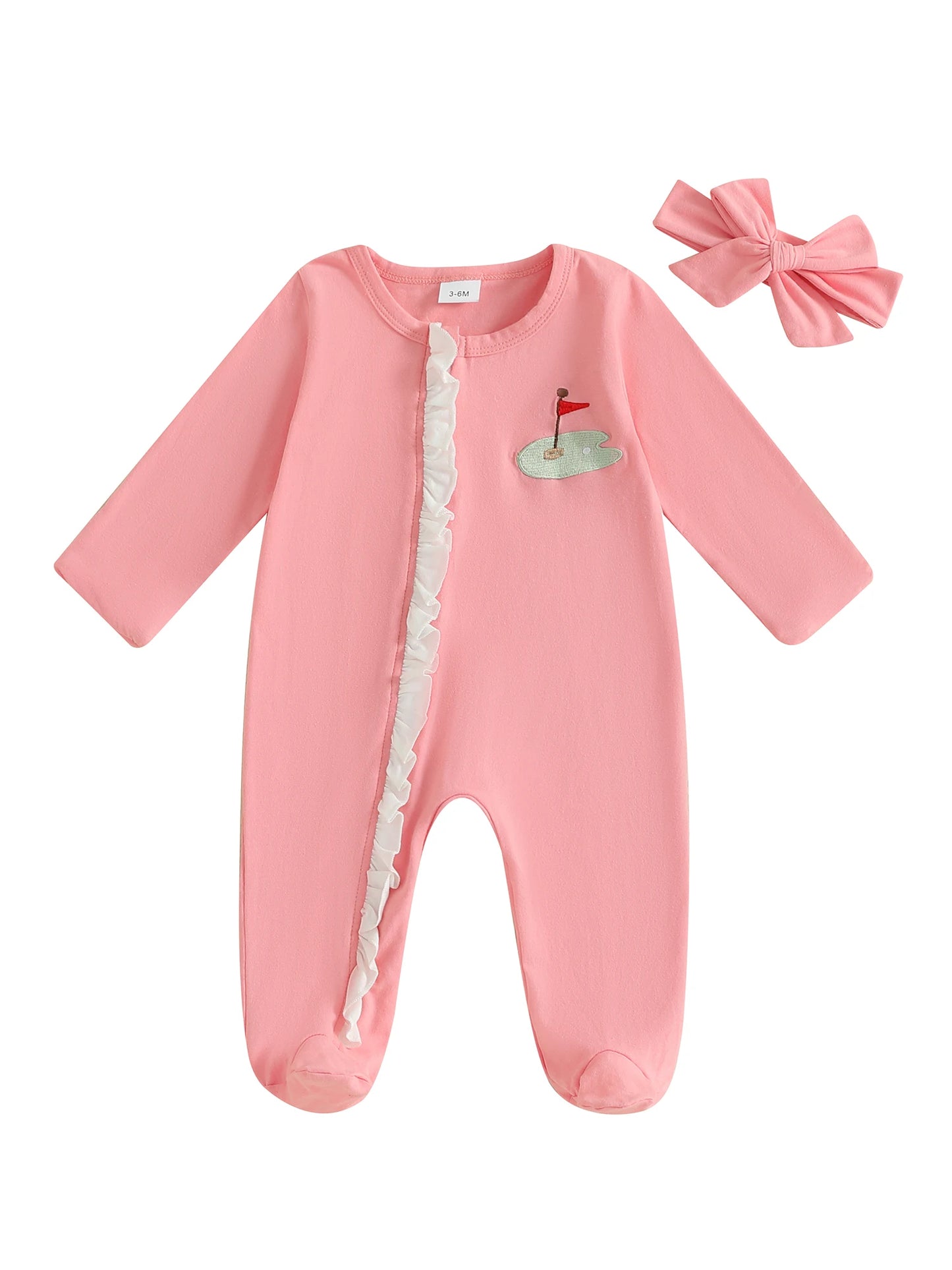 Baby Girls 2Pcs Footies Rompers Golf Embroidered Long Sleeve Round Neck Infant Fall Jumpsuits with Headband Set