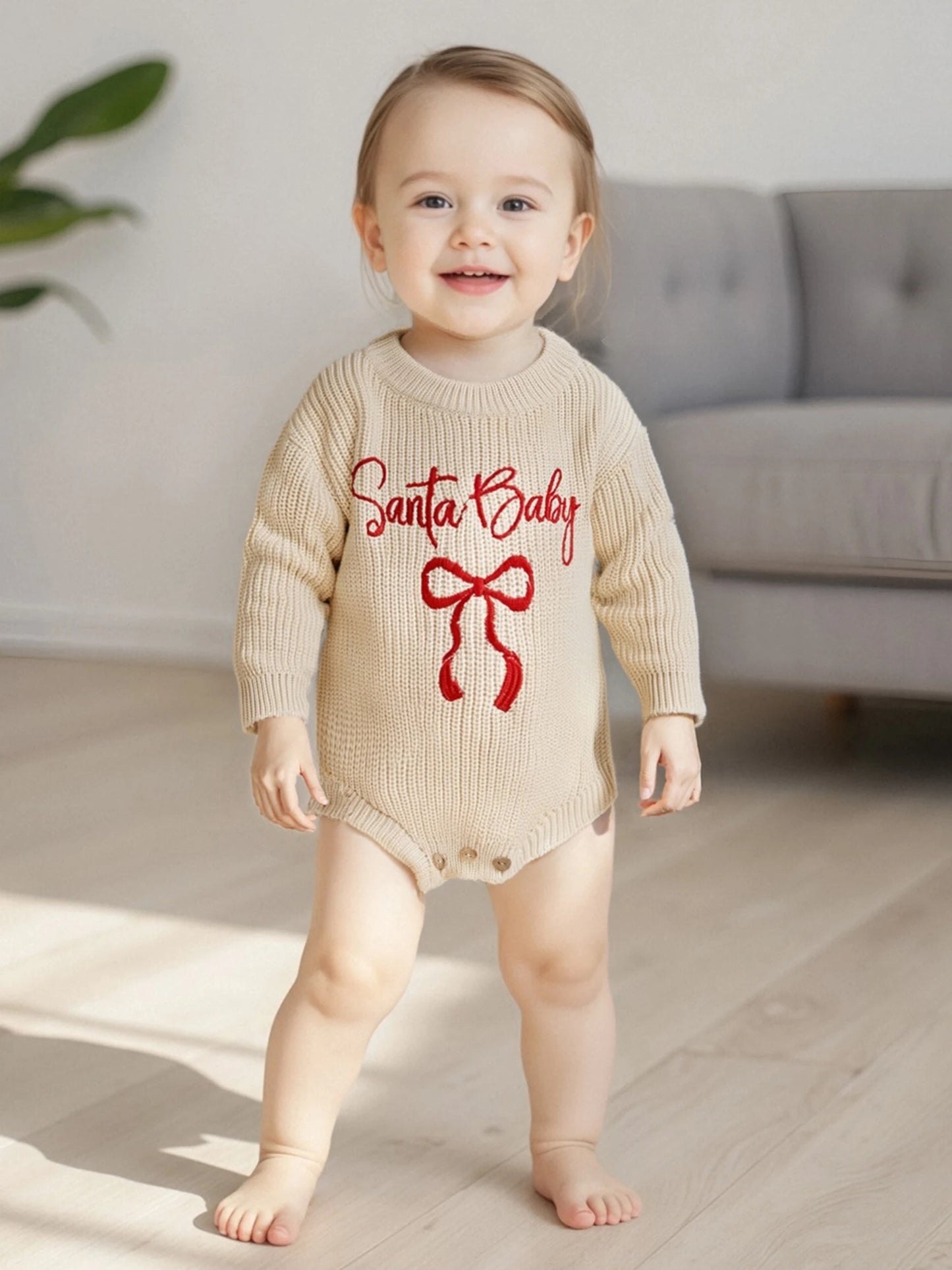 Baby Girl Santa Baby Christmas Romper Loose Fit Letter Bow Embroidery Ribbed Knit Long Sleeve Infant Winter Sweater