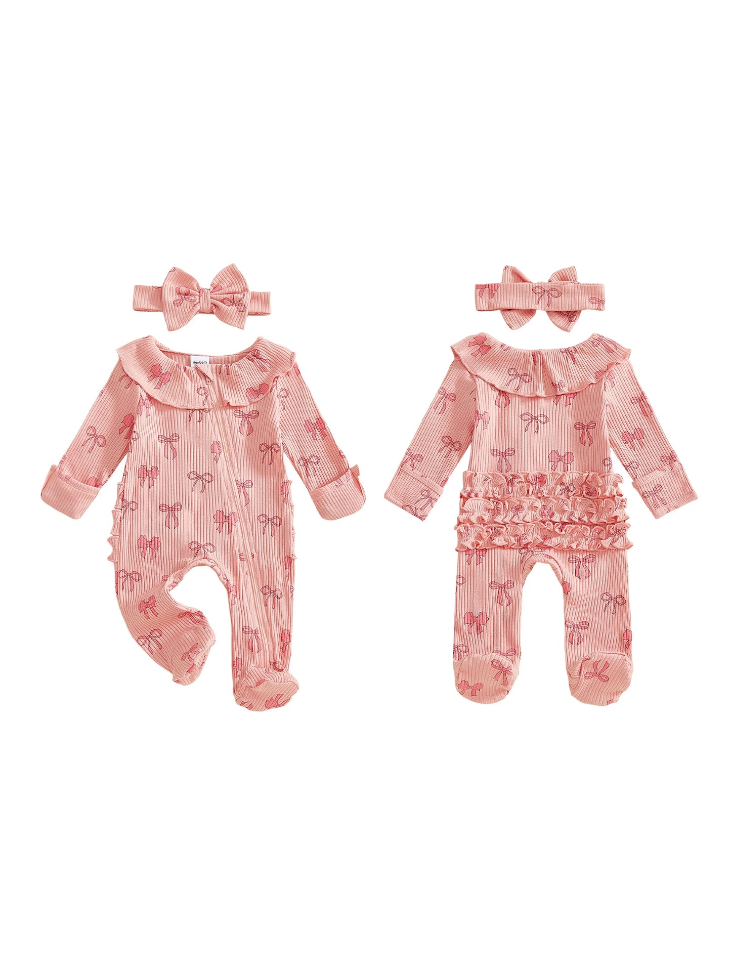 Baby Girls 2Pcs Set Long Sleeve Round Neck Bow Print Romper with Matching Bow Headband for a Stylish Look