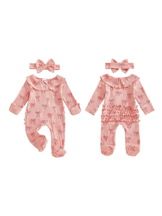 Baby Girls 2Pcs Set Long Sleeve Round Neck Bow Print Romper with Matching Bow Headband for a Stylish Look