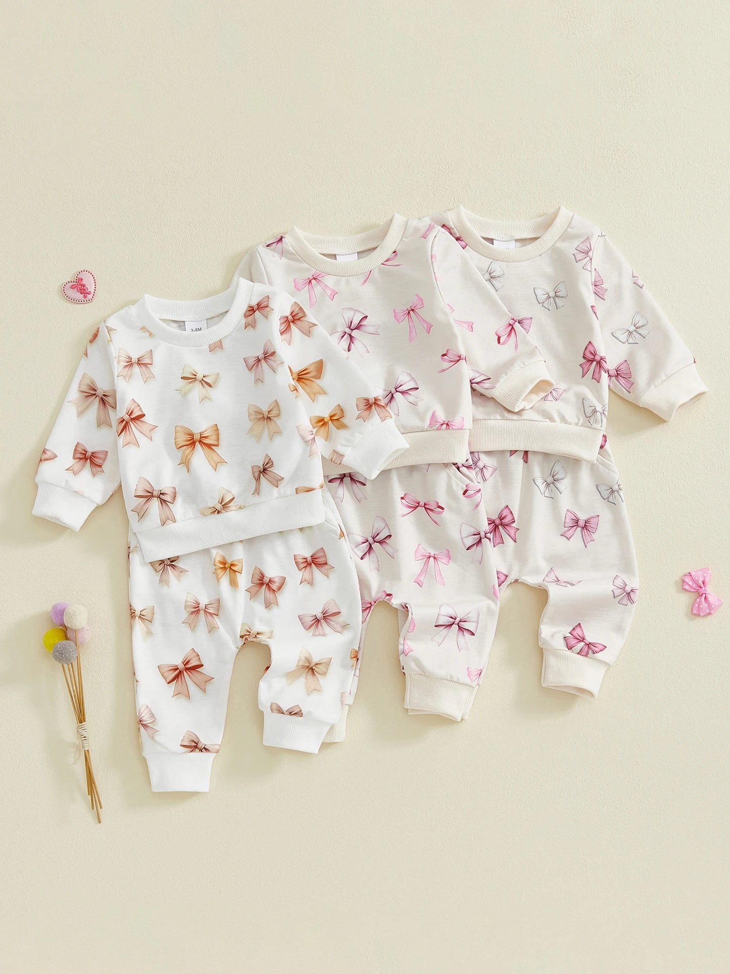 Baby Toddler Girls 2Pcs Spring Outfits Bow Print Long Sleeve Round Neck Pullover Top Elastic Waist Long Pants Jogger Set