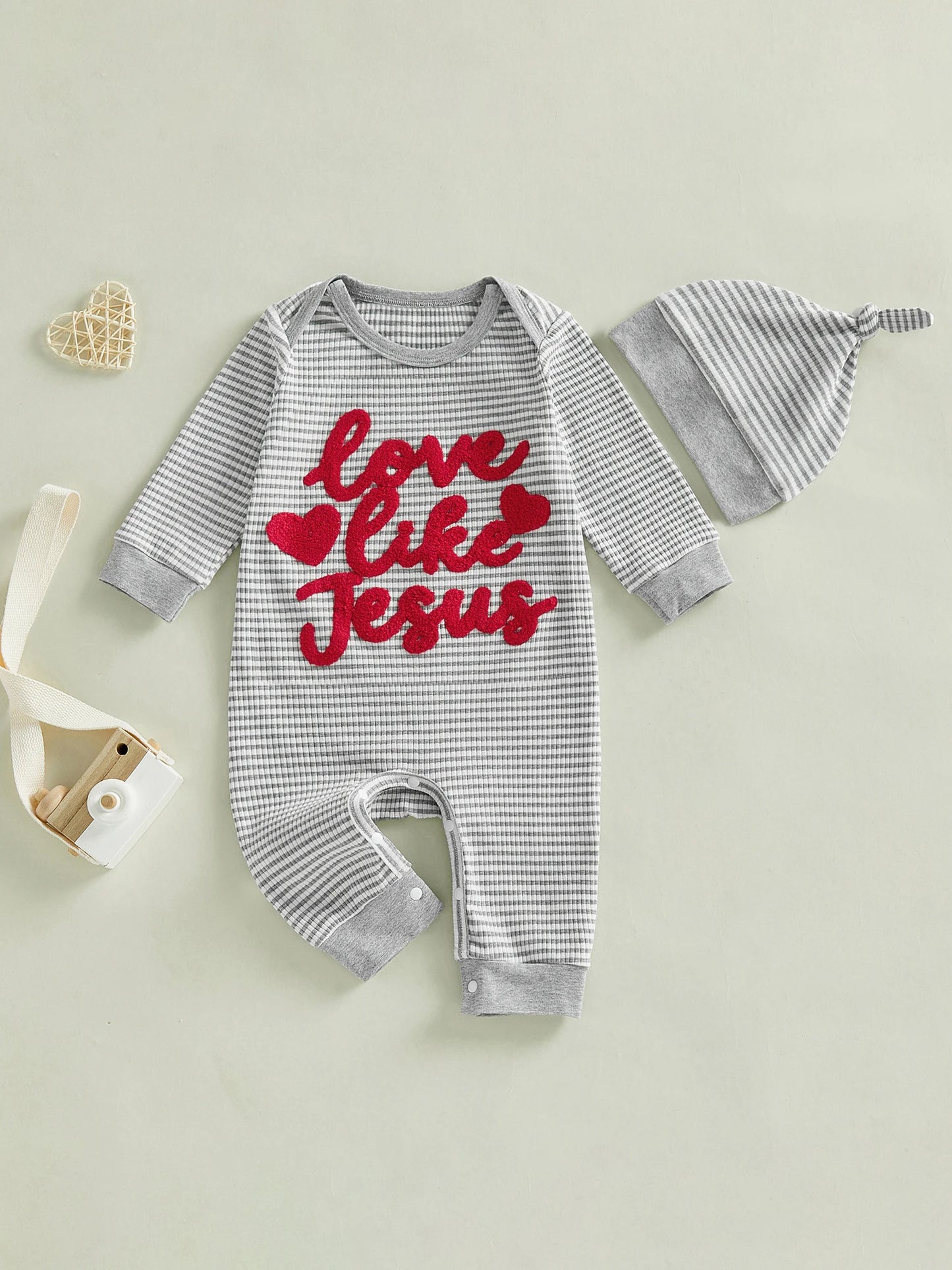 Baby Boys Girls 2Pcs Valentine's Day Romper Love Like Jesus Striped Heart Letter Embroidered Long Sleeve Jumpsuit Knotted Hat Set
