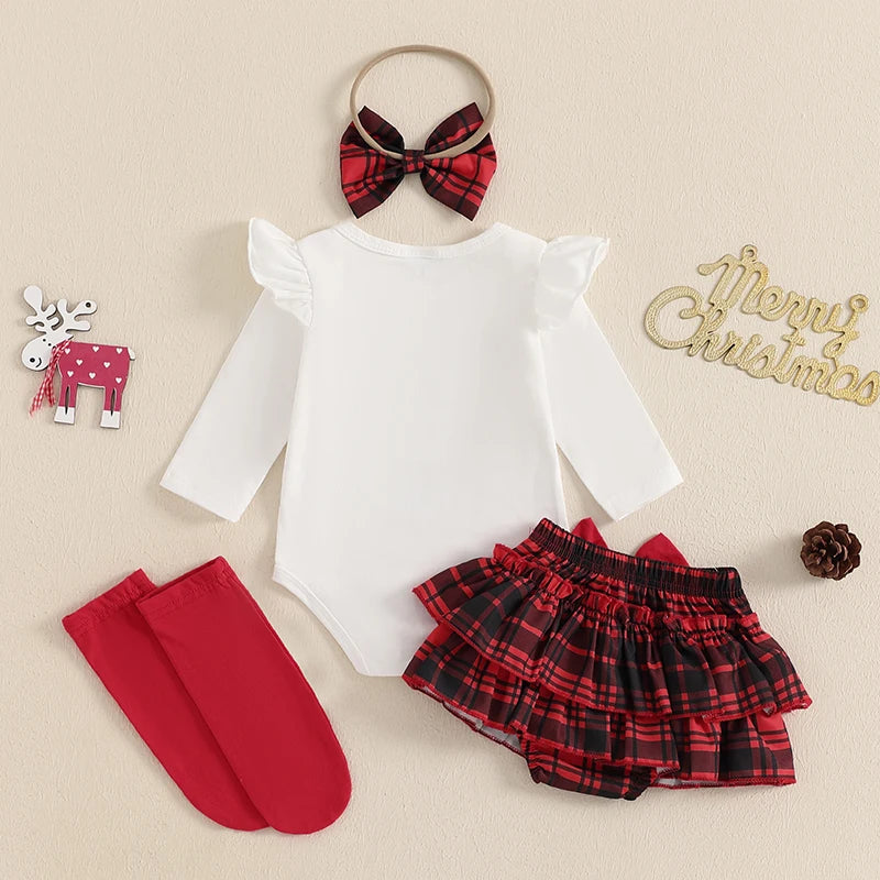 Baby Toddler Girls 4Pcs My 1st Christmas / Santa Baby First Outfit Letter Reindeer Ruffle Long Sleeve Romper Plaid Layered Ruffle Shorts Skirt Bloomers Socks Headband Bow Set