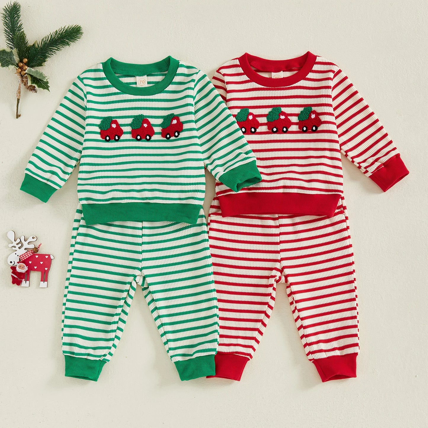 Baby Toddler Girls Boys 2Pcs Christmas Outfit Car Truck Tree Embroidered Striped Crew Neck Long Sleeve Pullover Top and Pants 2Pcs Jogger Set
