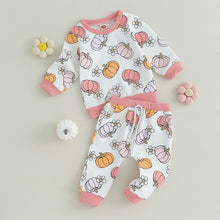 Load image into Gallery viewer, Baby Girl 2Pcs Pumpkin &amp; Flower Print Long Sleeve Crewneck Tops Pants Fall Outfit Halloween Clothes
