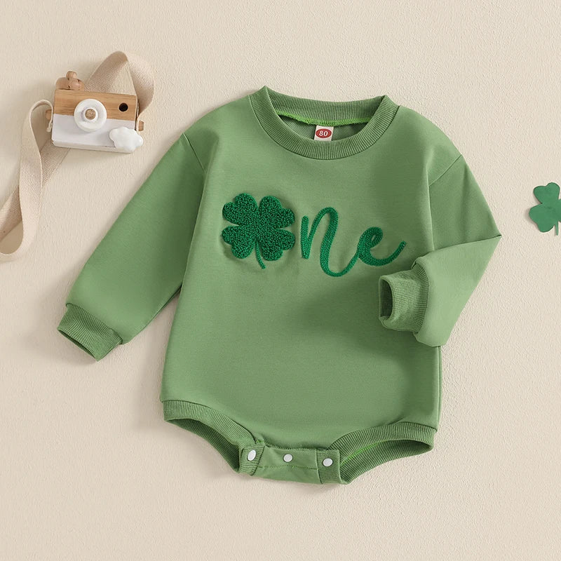 Baby Boys Girls One Spring St. Patrick's Day Birthday Romper Letter Shamrock Embroidery Long Sleeve O-Neck Bubble Jumpsuit