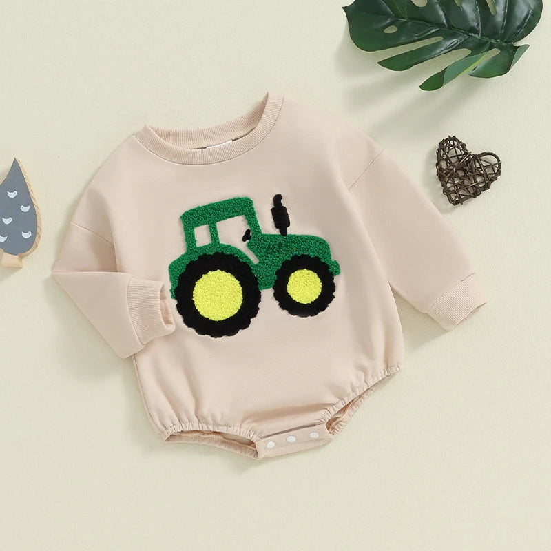 Baby Girls Boys Autumn Romper Long Sleeve Crewneck Tractor Embroidery Casual Playsuit