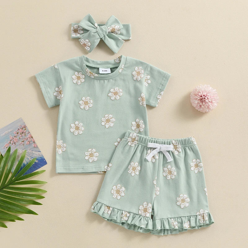 Baby Toddler Girl 3Pcs Summer Outfit Floral Flower Print Short Sleeve Top with Elastic Waist Ruffled Shorts Headband Set